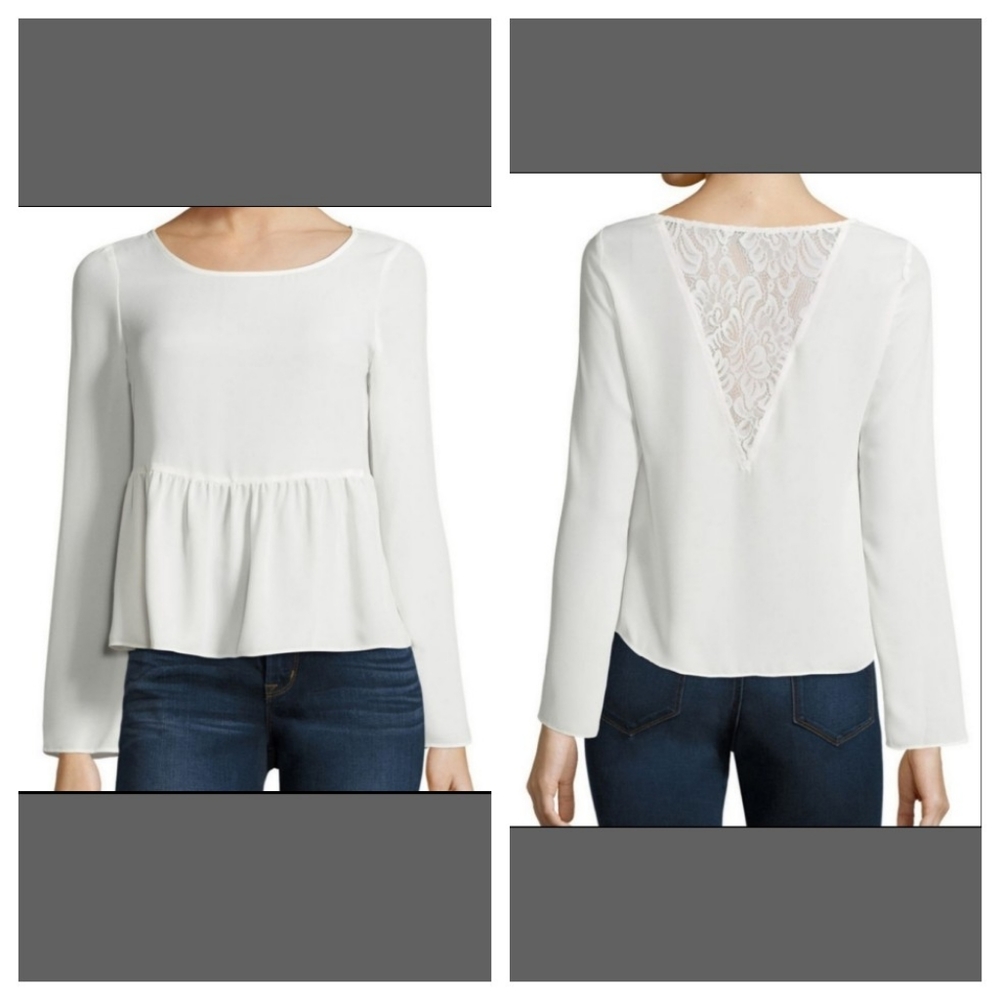 NEW PLUS 2X Top Blouse Peplum Pullover White Lace Sheer Vback Long Sleeve Decree